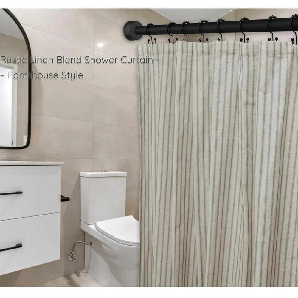 Farmhouse Striped Shower Curtain - 72x72 Inches, Linen Blend Fabric Sage Green